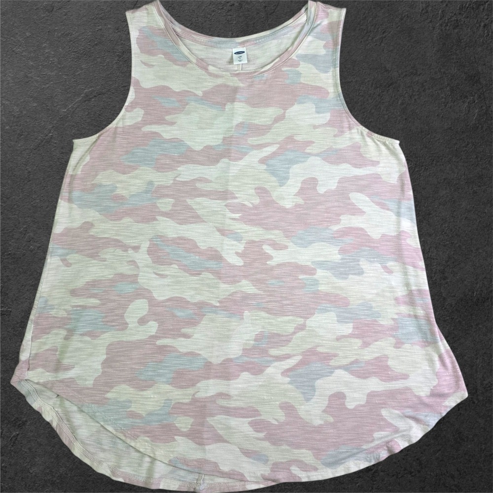 Old Navy Luxe‎ Womens Large Pink Camo Tank Top Curved Hem Pastel Camouflage L